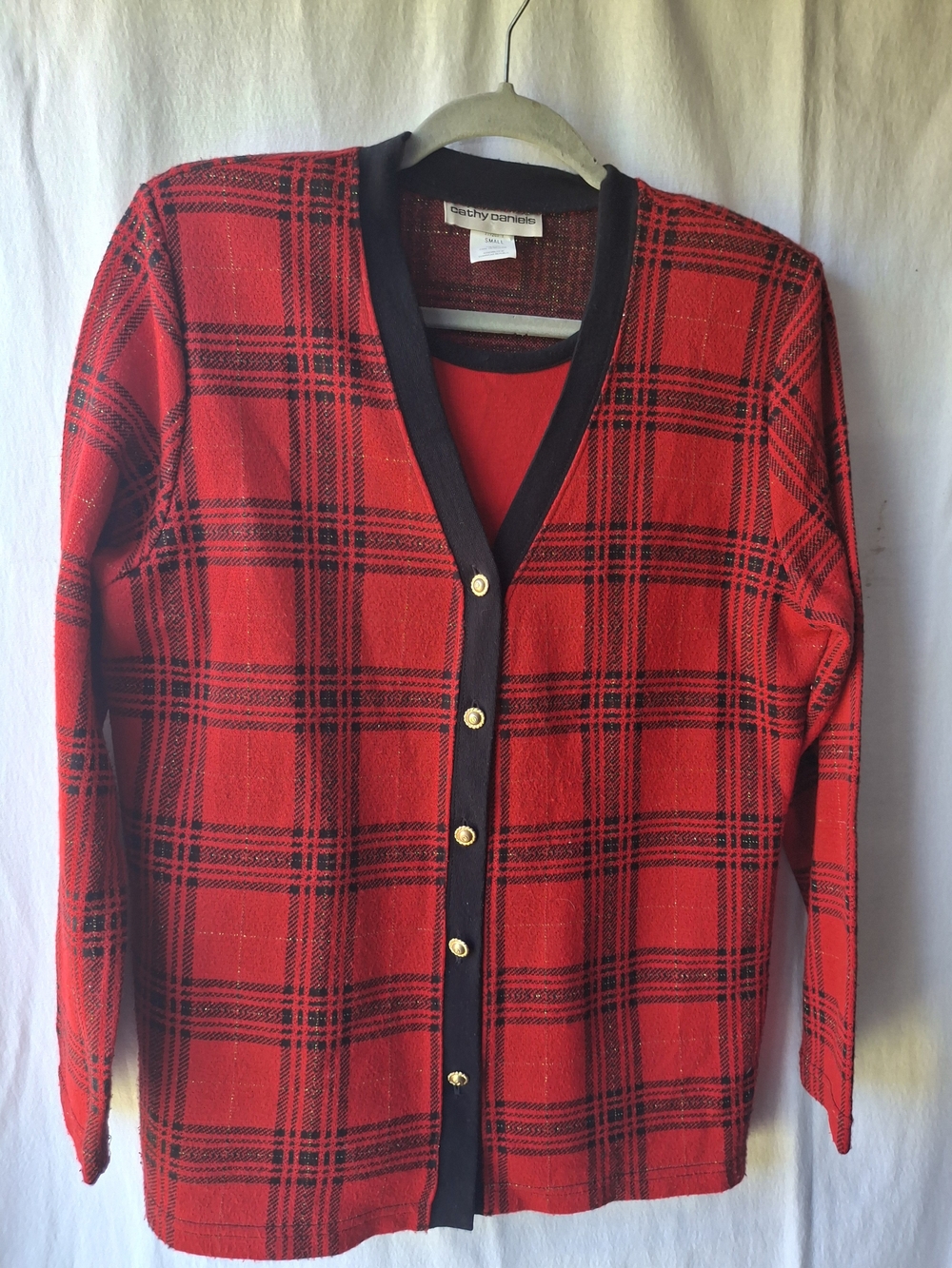 Cathy Daniels Red Plaid Cardigan with Black Trim